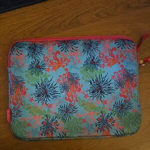 Lilly Pulitzer Hot Pink Aqua Green Padded Laptop Zippered Bag Plush Lined 15x12"